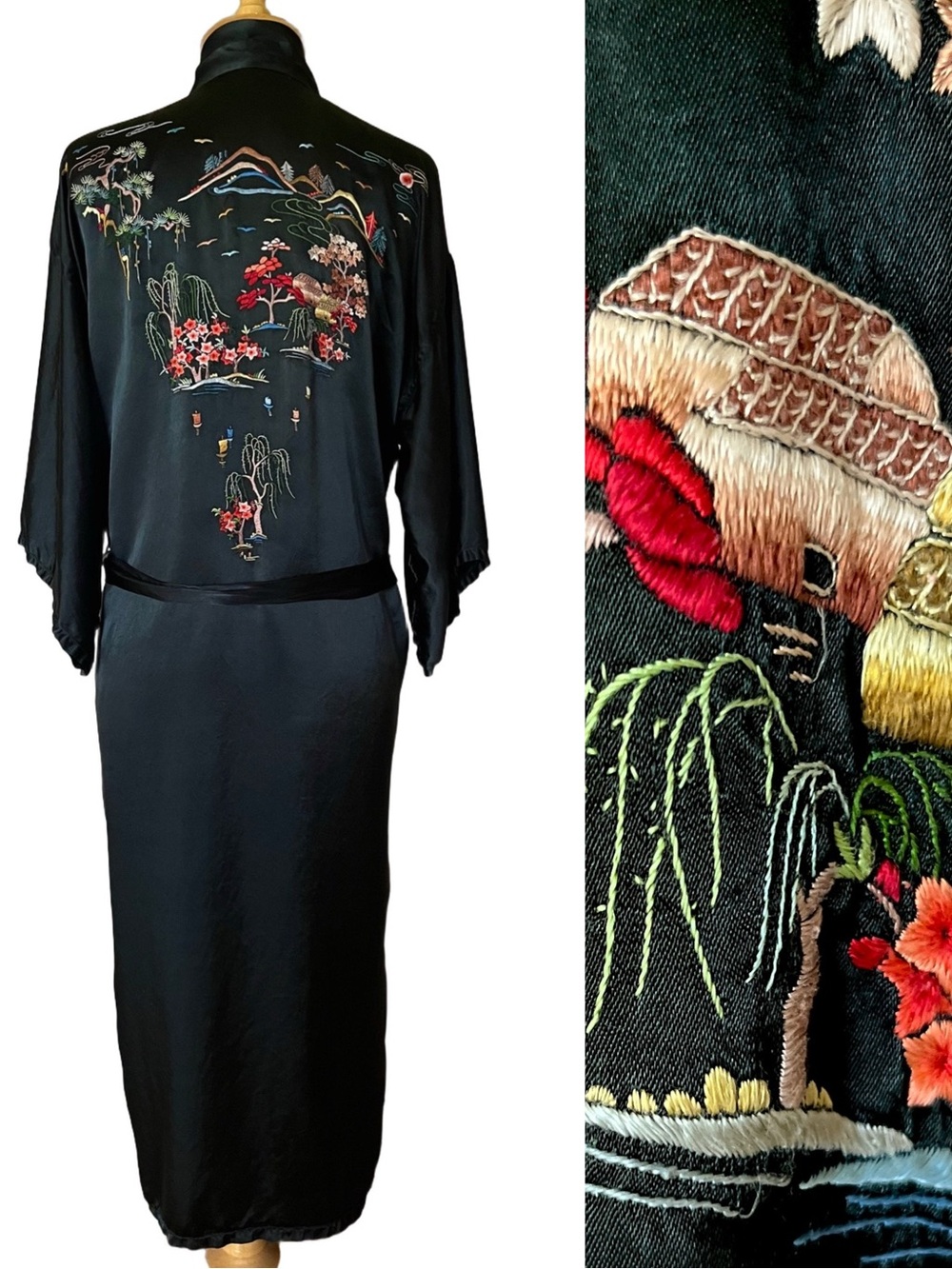 Vintage Embroidered Silky Kimono Robe Asian Landscape Pagoda Duster Gown Black S